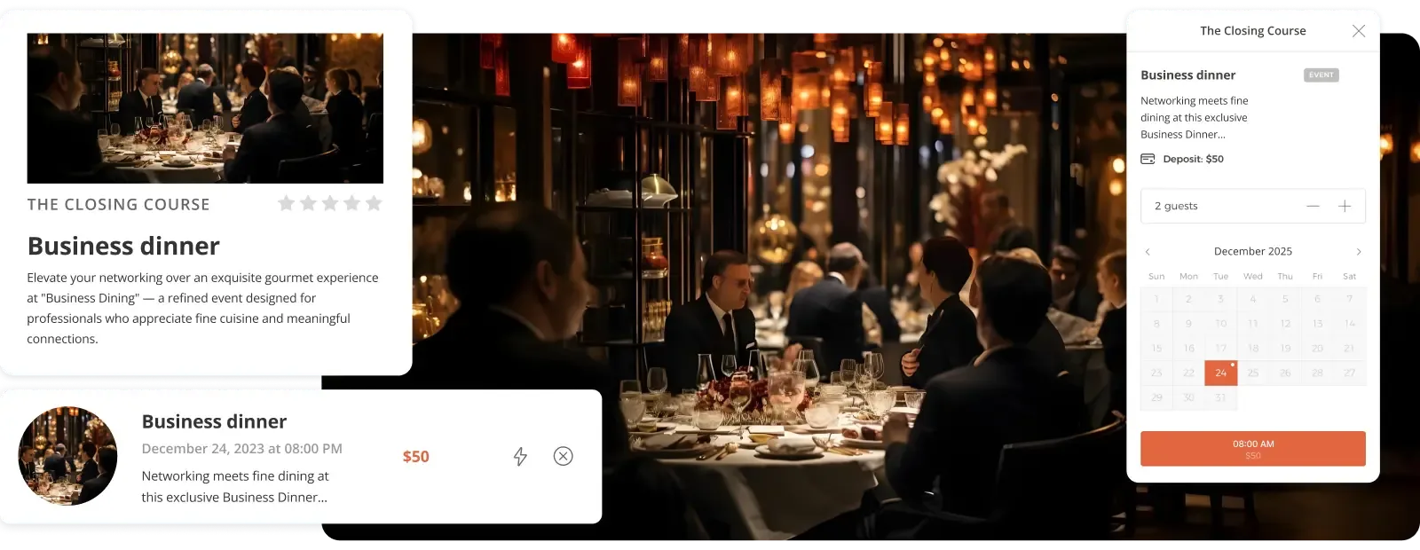 Business dinner at a restaurant in the evening and nearby Hostme interfaces