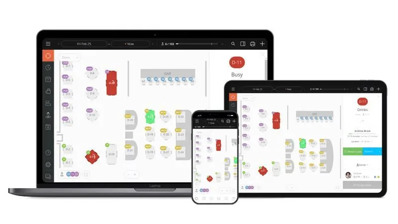 Hostme restaurant management software screenshots of the waitlist app, the online ordering app, and the table management app