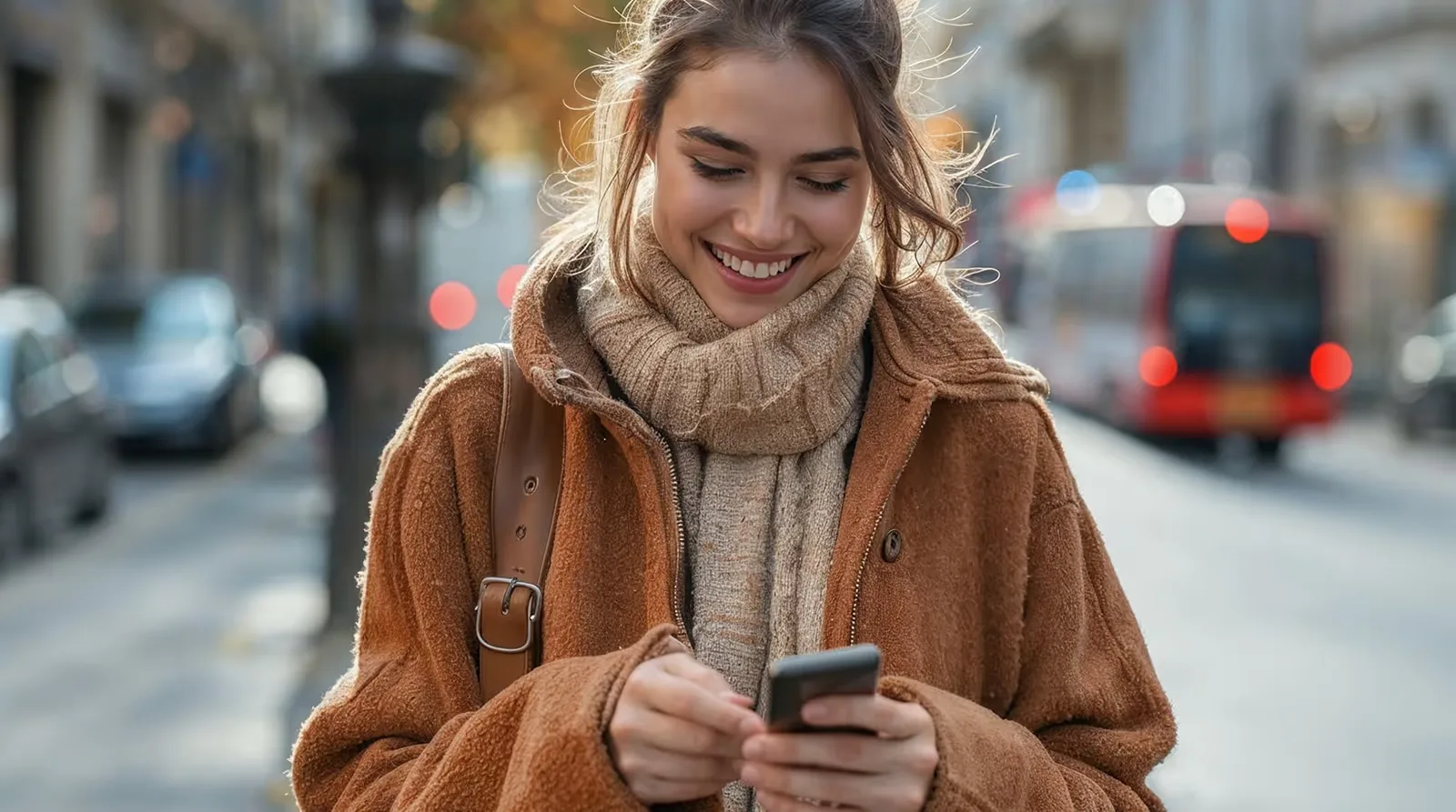 A girl on the street reads SMS on a smartphone and smiles