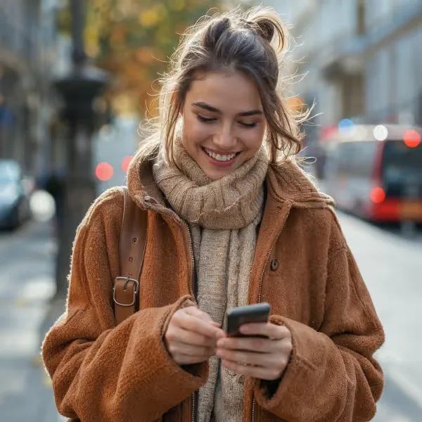 A girl on the street reads SMS on a smartphone and smiles