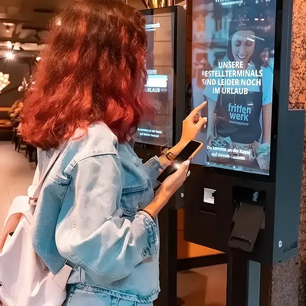 Woman adding her name to a restaurant waitlist from a self-service kiosk