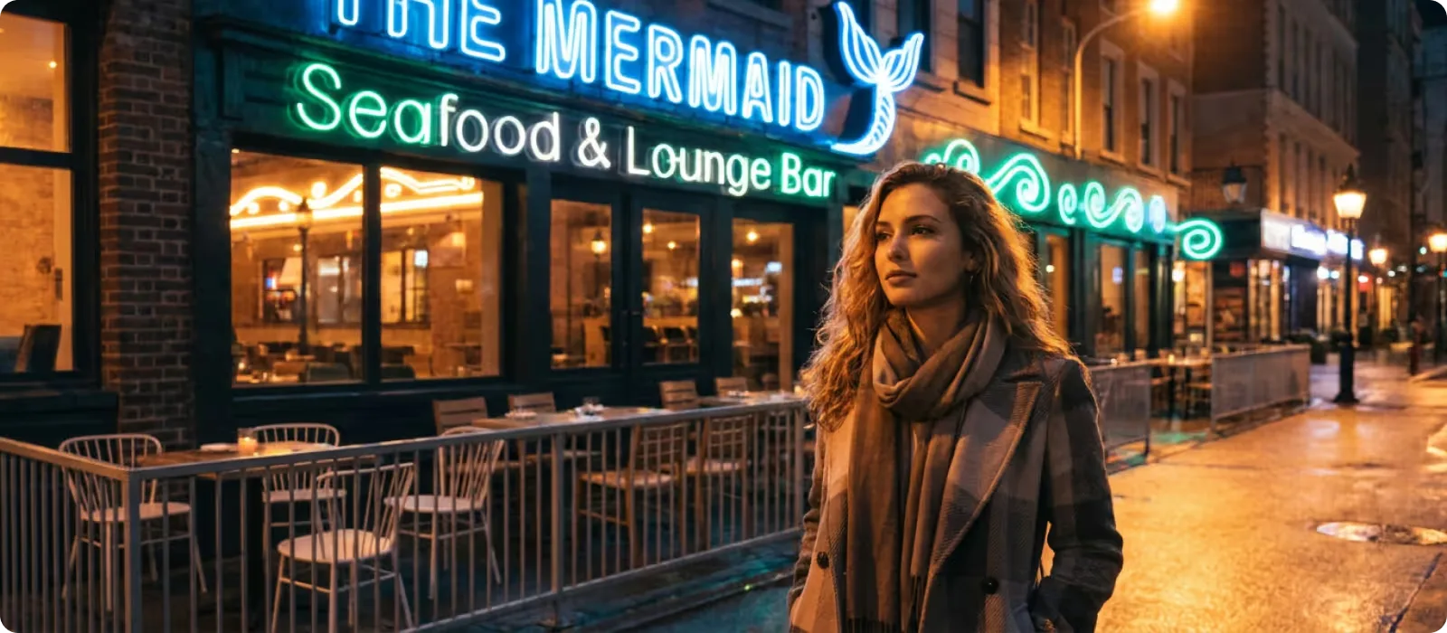 Quiet seafood lounge bar with no guests inside, a delivery courier waiting outside, and a girl passing by an empty restaurant on the street