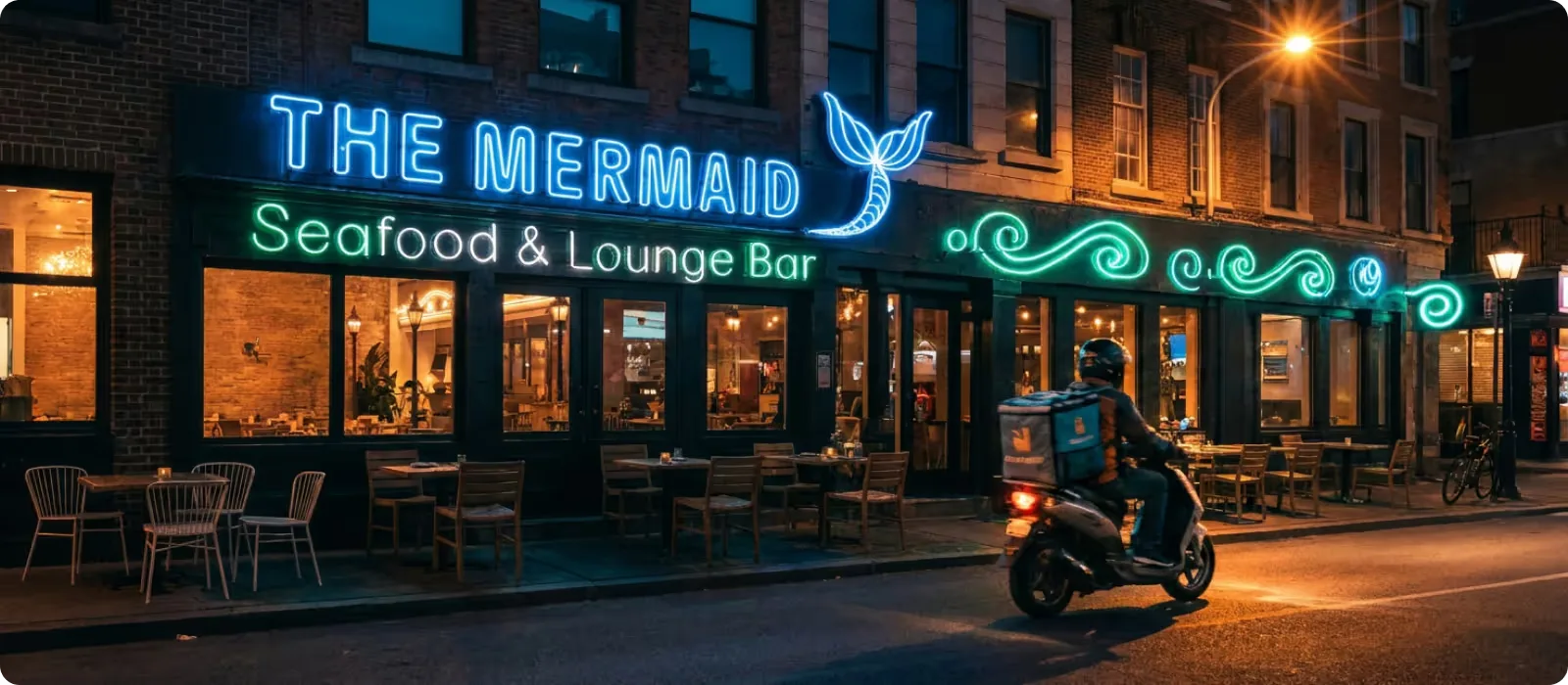 Empty seafood restaurant interior with a delivery person standing near the entrance, and a young woman walking past the deserted lounge bar outdoors