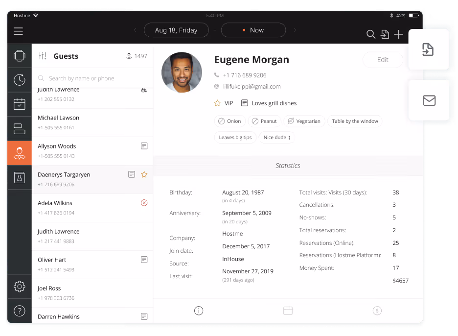 The Hostme guestbook interface