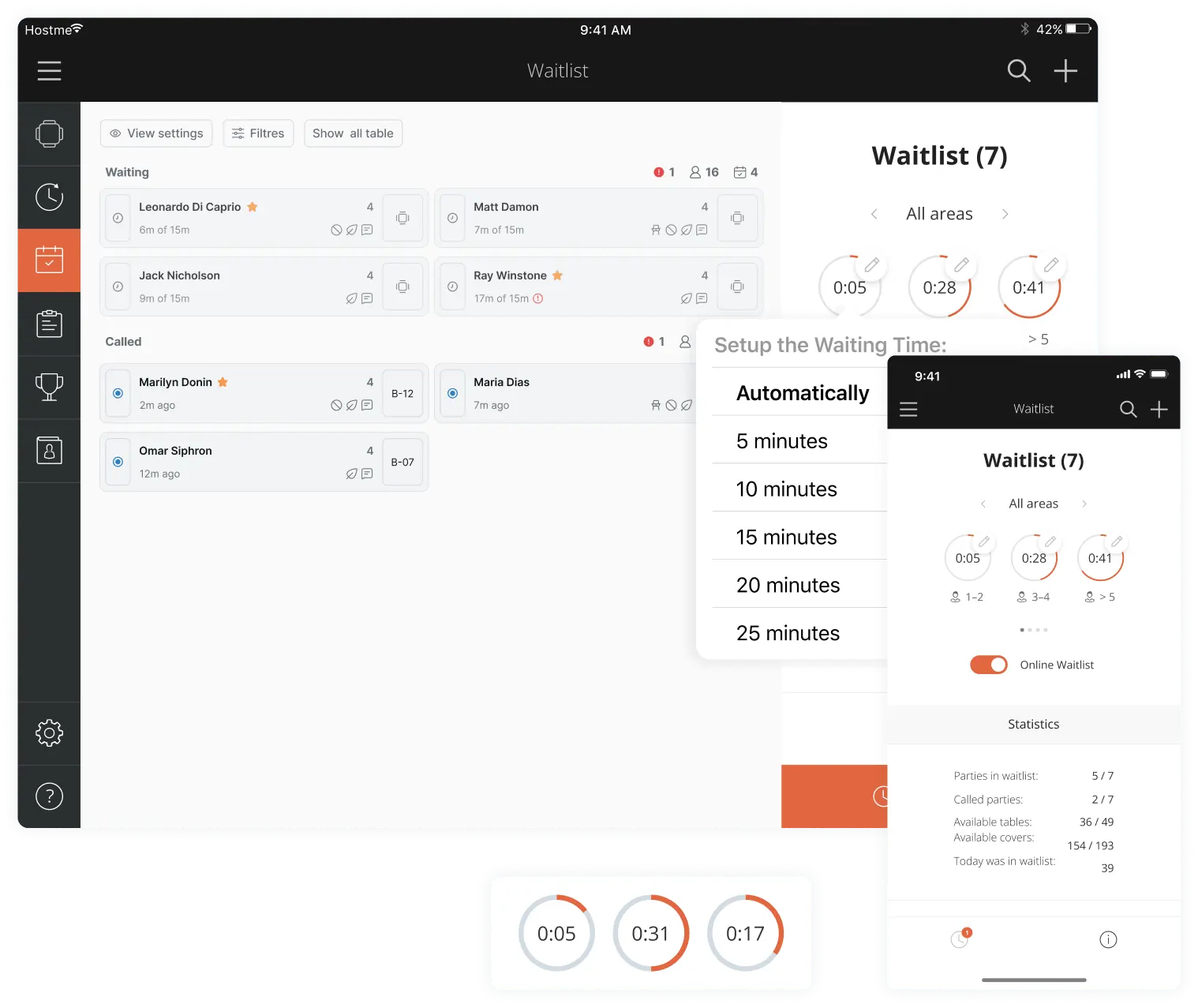 Interface of Hostme restaurant reservation software on tablets and mobile phone